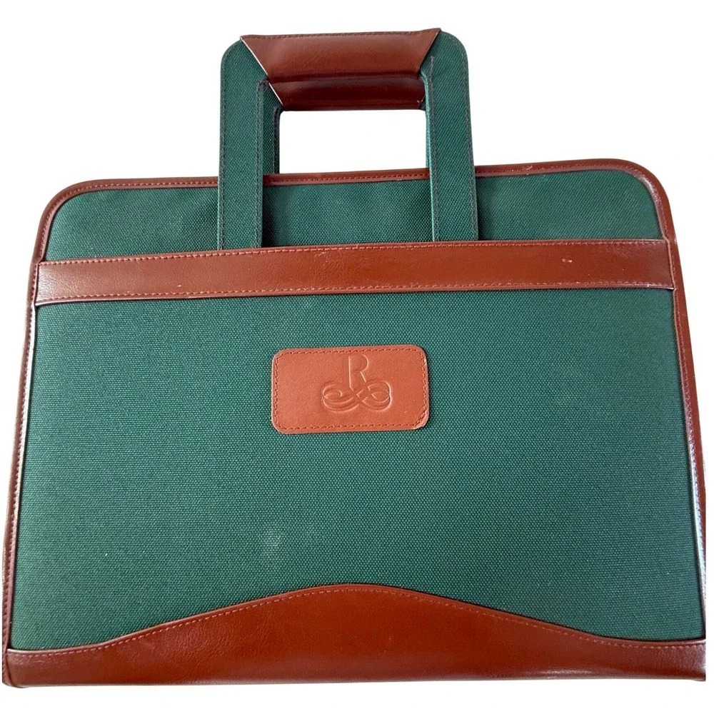 VTG Green Canvas Faux Leather Zip Portfolio Binder Organizer‎ Briefcase Handles